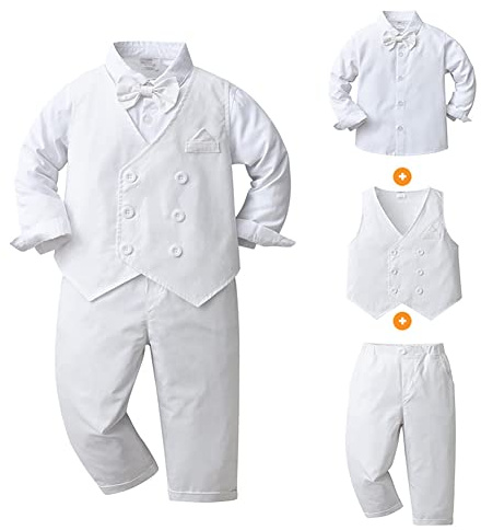 FYMNSI Costume festif pour bébé garçon - Costume gentleman - Costume de baptême - Chemise à manches longues avec nœud papillon - Pantalon - Gilet - 3 pièces, Blanc., 9-12 mois