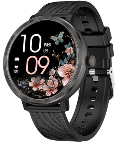 Smart klocka för kvinnor med samtal, 1,19 tum AMOLED Smartwatch för kvinnor, 100+ sportlägen, sömnklocka för pulsmätare, IP68, fitnessspårare, för Android, iOS, rund, svart