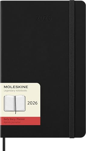 Moleskine Agenda Diaria, Agenda Diaria 2026 12 Meses, Con Tapa Dura y Cierre Elástico, Formato Grande 13x21, Color Negro
