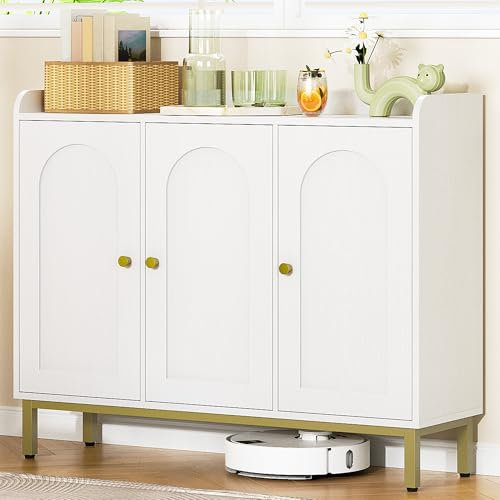 Hzuaneri Sideboard, Buffetschrank, Küchenschrank, Küchekommode, Geschirrschrank mit 3 Türen, Verstellbare Einlegeböden, für Küche und Wohnzimmer, Aufbewahrungsschrank 30 x 100 x 80,5 cm, Weiß SC21313G