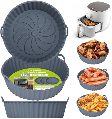 Alyvisun Teglie per Friggitrice ad Aria, 3 Pezzi Teglia Silicone per Air Fryer Contenitori Cestello Riutilizzabile Rotondo Tappetino Stampi Per Airfryer, Microonde, Forno (Grigio)