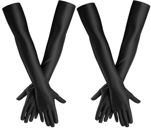 PSFXBM 2 Pairs Black Gloves Costume, Long Black Satin Gloves for Women, Long Glove, Party Dance Costume Accessories, Elegant Evening Glove for Wedding Party Performance Halloween