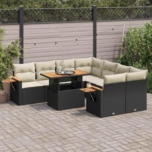 Qnhdfrt Set di 9 pezzi per divano da giardino, in rattan sintetico, con tavolo pieghevole e cuscino per terrazza, giardino, balcone