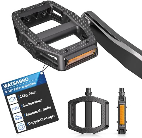 WATSABRO Fahrradpedale mit StVZO-Reflektorstreifen, rutschfest MTB Pedale, 9/16 Zoll | Doppel-DU-Lager | Ultralight Pedale - Für Mountainbike, Rennrad, E-Bike, Trekkingrad & Gravelbike