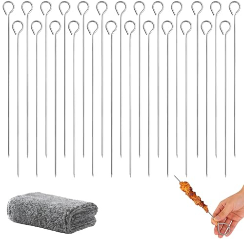 Brochettes en Acier Inoxydable réutilisables 20 cm pour Barbecue, grillades, Kebabs, 25 pièces, parfaites pour Les soirées Barbecue, Camping, fêtes et Plus Encore