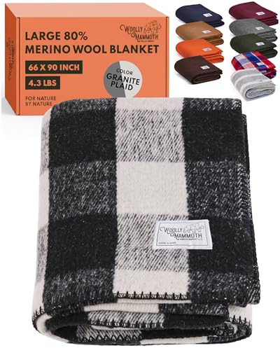 Woolly Mammoth Merino Wool Blanket- 66 x 90 4 lbs Thick, Outdoor/Indoor Throw for Campfire, Picnic, Beach, Van Life, Home, Army- Farmhouse Collection Heavy Duty Insulating Sleep Plaid, Black/Cream