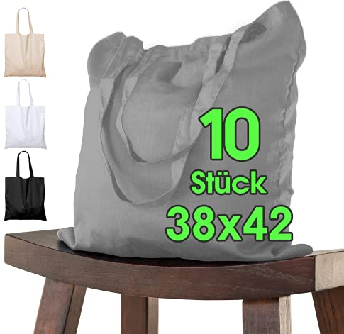 Bomullspåse 38x42 cm 10 delar, otryckt, långt handtag, tygpåse, bärväska, påse, bomullspåse, jutepåse OEKO-TEX®-certifierad tygpåse, shoppingväska, shoppingväska för målning (Grå)