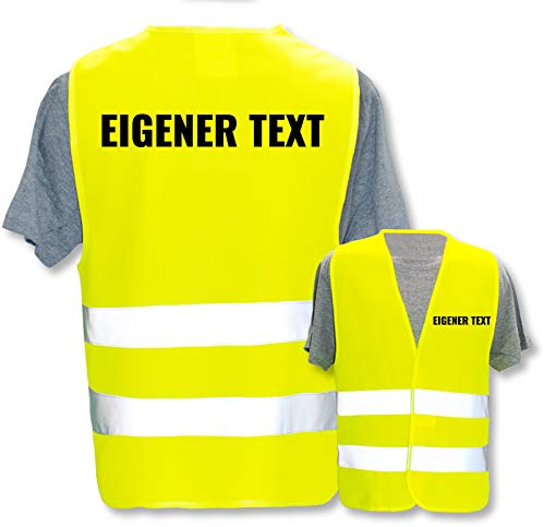 Hochwertige Warnweste mit Leuchtstreifen * Bedruckt mit: Eigener Text * Farbe + Größe: Gelb (M/L) * Thema Sicherheit und Team * Farbiger oder Reflektierender Druck