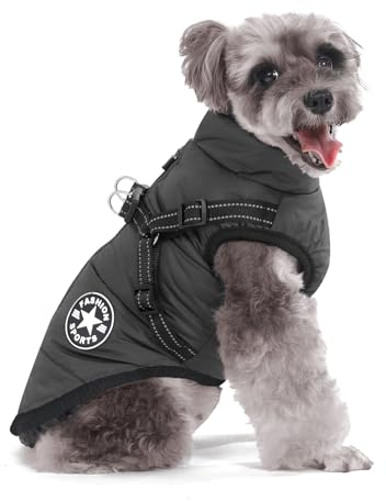 Aywoja Warme Hundemantel Winter Mit Geschirr für Kleine Hunde, Wasserdicht, Maschinenwaschbar, Reflektierender Streifen, Haltbarer D-Ring