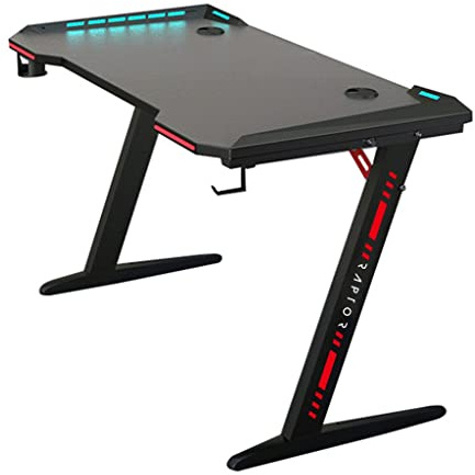 Raptor Gaming-Tisch GT-100 RGB PC Gaming-Schreibtisch mit LED RGB-Beleuchtung – Home Office Computer Schreibtisch mit Getränkehalter und Kopfhörerhaken, Kabelmanagement 120x60cm schwarz