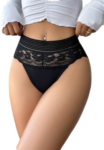 FULLJOYLOVE Lace Floral Panties For Women Plus Size Sexy Sheer Hipster Stretchy Panties For Ladies V Shaped High Waist Thong Knickers Black UK