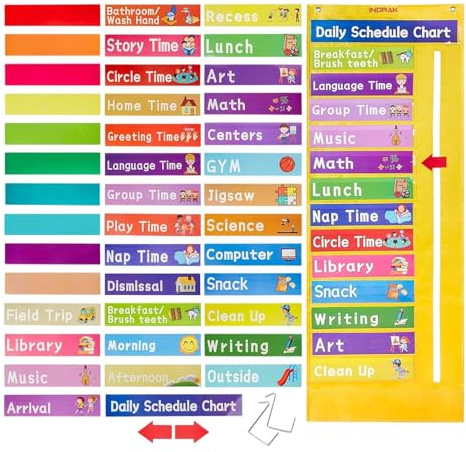 Grafico tascabile 'orario delle lezioni, orario giornaliero per bambini, le attività quotidiane indicano grafico con tasca, sperimenta l'orario visivo, grafico del calendario di routine per