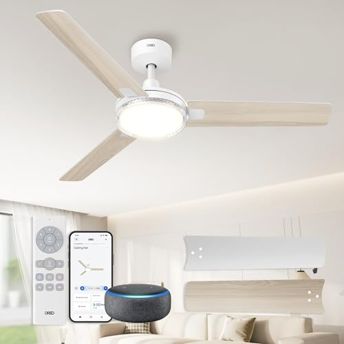 Dreo ventilador de techo inteligente 132 cm con luz, 12 velocidades（APP） y 3 modos, temperatura ajustable, LED regulable, temporizador 1–12 h, motor CC silencioso, app, Alexa e interruptor, blanco