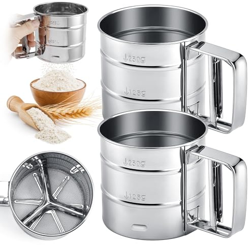 2 Pack Flour Sifter, Stainless Steel Sifter for Baking, Double Layer Fine Mesh Baking Sifter, One Hand Press Crank Sifter for Powdered Sugar Shaker Duster, Flour Sieve Sifter for Baking Cakes