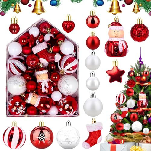 Boules de Noel Rouge et Blanche, 72 Pièces Boule Rouge et Blanc Noel, Boîte de Boules de Noël en Plastique, Kit Decoration Sapin Noel pour Arbre de Noël, pour Fête, Maison, Festival, Cour