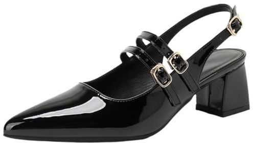 Qynthra Zapatos Mary Jane De Charol Tacón Ancho Punta Afilada Tres Hebillas para Mujer Disponibles En Negro Azul Marino Ideales para Oficina Y Citas Estilosas,Negro,37 EU
