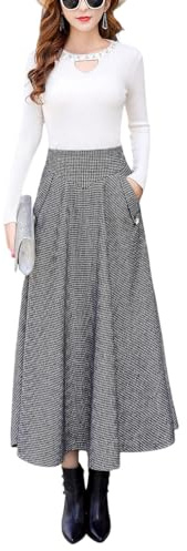 Gonna da donna lunga in lana, a pieghe, vintage, elegante, a quadri, a vita alta, calda, invernale, A-linea, Röcke Trachtenrock, bianco, S