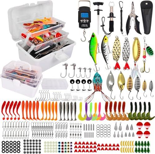 320 Piezas Señuelos de Pesca,Kits de Señuelos Pesca Accesorios Cebos Artificiales Articulos de Pesca Incluido la Anzuelos,Cebos,Pinzas de pesca,etc.Regalo Masculino Perfecto