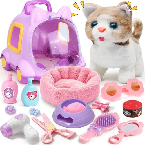 vamei Peluche Gato Juguete Que Camina y Maúlla, Electrónico Robot Gato Interactivo con Transportín y Accesorios, Mascotas Gatito Juguete Regalo Niña Niño 3 4 5 6 7 8 Años