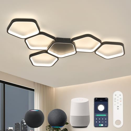 Kuwork Matter Lámpara LED Inteligente de Techo, Control de Voz Compatible con Alexa, HomeKit y Google, 58W Regulable con Mando, Lámpara de Techo Negro 90 cm para Salón, Dormitorio Dormitorio Cocina