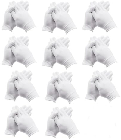 Guantes de algodón blancos, suaves, ligeros, hidratantes, para manos secas, eccema, manejo de monedas, paquete de 12 pares