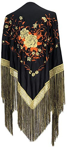 La Señorita Foulard cintura chale manton de manila Flamenco di danza nero oro arancione frangia oro Large