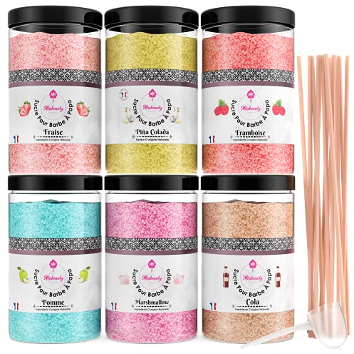 Misskandy®, poudre sucre barbe à papa pour machine/lot de 1,8 kg (6 * 300g)/ arômes: Fraise, Pina colada, Marshmallow, Framboise, cola, pomme + 50 bâtonnets de 30 cm (offerts)
