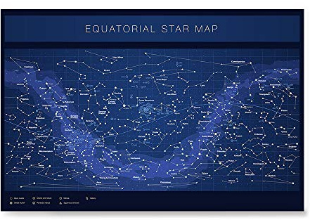Higly Detailed Equatorial Star Map Poster - Constellations with Star Names - Wall Art Print for School Home Office Classroom Decor - Blue - 16X24 inches