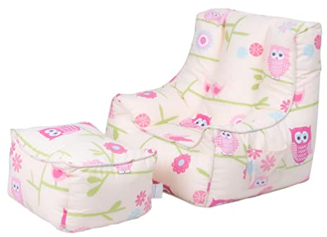 Ready Steady Bed Kinder-Sitzsack mit Fußhocker, sicherer weicher Sitz, Spielzimmer-Sofa, ergonomisch geformter Kleinkind-Sessel, bequeme Kindermöbel (Eulen)