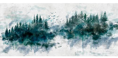 decomonkey Fototapete Wald 550x250 cm Eckfototapete Design Tapete Fototapeten Tapeten Wandtapete moderne Wand Schlafzimmer Wohnzimmer Natur Landschaft Bäume Nebel Abstrakt Aquarell Blau Grün