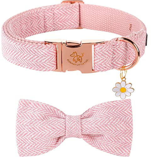 Elegant little tail Hundehalsband mit Schleife – Fischgrätenmuster Rosa Hundehalsband Mädchen Schleife Baumwolle Strapazierfähiges Schleifenhalsband Haustier-Hundehalsband für mittelgroße Hunde