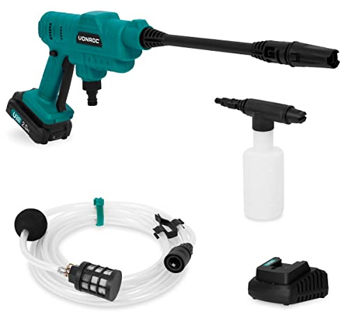 VONROC Batteridriven Högtryckstvätt 20V – Inkl. 2.0Ah Batteri & Snabbladdare | 24 Bar Kompakt Mobil Tvätt | Sugslang för Hink/Regntunna | Justerbart Munstycke & Skumpistol | PW508DC