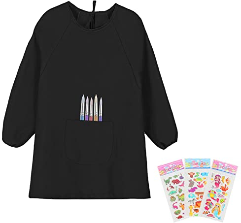 Fumanduo Kinder Malkittel Schwarz, Kinderschürze mit Ärmel Wasserfeste Lackkittel für Kinder (Körpergröße 120~140cm) für Kinder von 7 bis 12 Jahren Bastelschürze Kinder für Schule Malen Backen Kochen