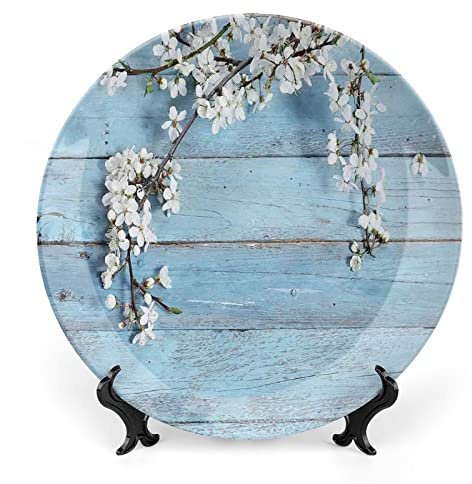 XISUNYA 6 Inch Decorative Plate, Rustic Dinner Plate, Spring Branch Flowers on Wooden Print Ornament Display Plate for Dining Table Setting, Wedding Reception Decorations, Christmas Tablescape