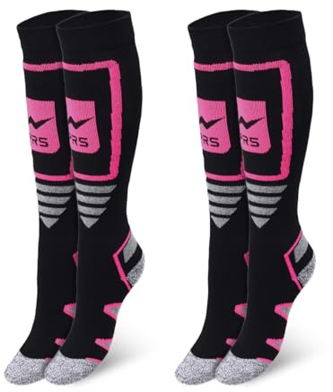 Calze lunghe da Snowboard e Sci Donna termiche, con Protezione in Spugna, Calzini Termici Invernali in termocotone, Calzettoni per Neve, Calza da Montagna, 2 Paia Nero taglia 35-40