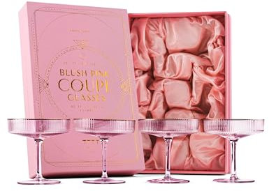 Vintage Art Deco Gerippte Coupe Gläser in Zartem Rosa mit Goldrand | 4er Set | 200 ml Cocktailgläser für Champagner, Espresso Martini, Cosmopolitan, Daiquiri | Speakeasy Kristall Champagnerschalen