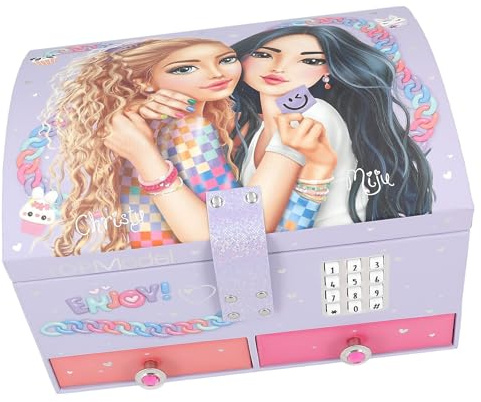 Depesche 13141 TOPModel - Großes Schmuckkästchen in hellem Lila, mit Model Motiv und bunten Details, Schmuckbox mit Code, Sound und Spiegel, Mehrfarbig