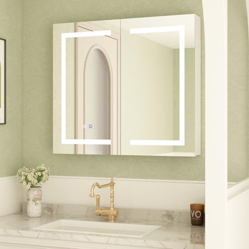 MOUMON Medicine Cabinet with LED Lighted Mirror, Anti-Fog, Wall-Mounted Bathroom Cabinet with Storage Shelves, Adjustable Lights, 2 Doors, White, 5.1”D x 35.4”W x 31.5”H