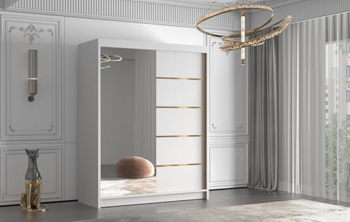 Gaba furniture Gold Series 150 cm Sliding Door White Wardrobe with Mirror Widths 100/120/150/180/200/250 cm Furniture for Bedroom Living Room Wardrobe with Hanging Rail