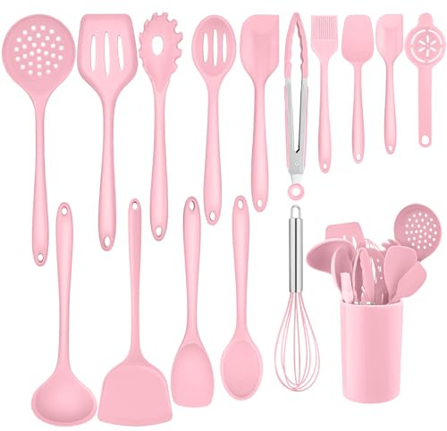 Homikit Köksredskap i Silikon, 16 Stycken Värmebeständigt Rosa Köksredskapsset Med Redskapshållare, Hälsosam Och Non-Stick, Diskmaskinssäker