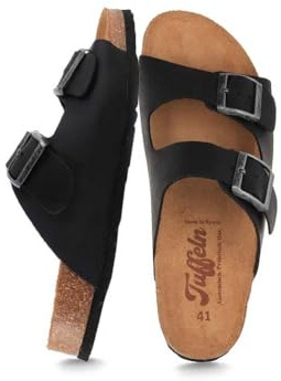 Tuffeln Leder-Sandalen Norderney mit anatomischem Korkfußbett Zweischnaller Pantolette, schwarz Gr. 37