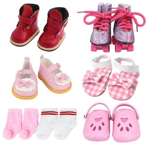 18 inch Doll Shoes - 5 Pairs of Different Types (Boots/Roller Skates/Sandals/Clogs) + 2 Pairs of Pink/White Socks 18 in Doll Accessories 18‘’Pink American Doll Accessories