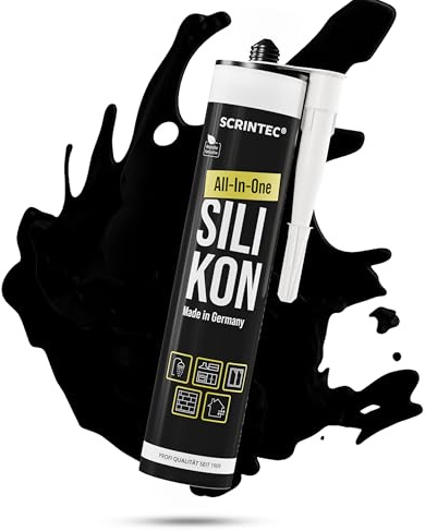 SCRINTEC® All-In-One Silikon Schwarz [310 ml] – Silikon Dichtstoff für Bad, Küche & Fenster – UV-beständig, lebensmittelecht & natursteinverträglich – in recycelter Kartusche –Produziert am 08/10/2025