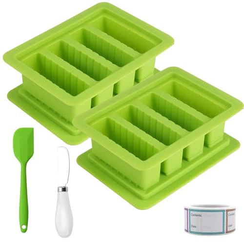 yeeplant Set di 2 vassoi in silicone per burro e sapone con coperchio, adesivi per etichette, taglierina e spalmatore, stampo per cubetti di ghiaccio, design 17 x 12,4 x 5 cm