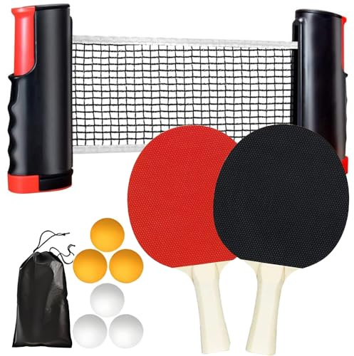 CUEMOON rete ping pong da tavolo set ping pong,2 Racchette,6 Palline,Rete Estensibile e Borsa da Trasporto,per Bambini, famiglie