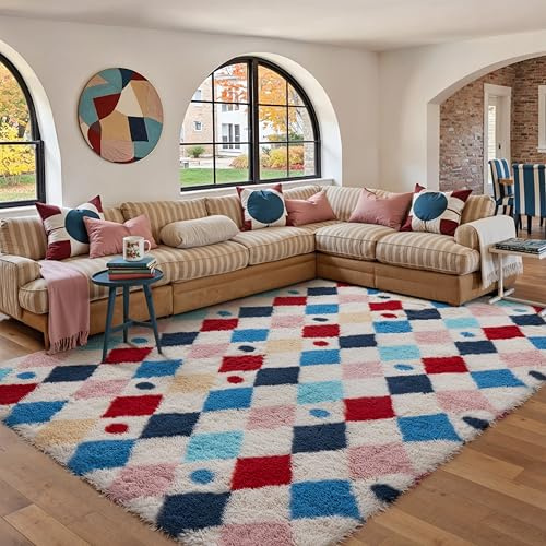 HUGEAR Alfombra Salon 200x300cm Pelo Largo a Cuadros Rombos Grande Multicolore Bianco Suave Alfombras Antideslizante Modernas Habitacion Juvenil Pie de Cama Exterior Dormitorio Comedor Cocina