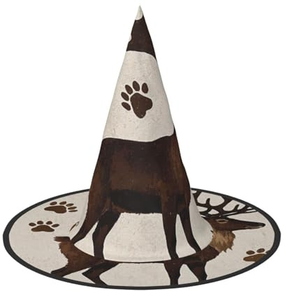 1 chapeau de sorcière d'Halloween vintage marron avec empreintes de pieds d'animaux de renne - Chapeau de sorcière flottant pour homme et femme - Accessoires de costume d'intérieur et d'extérieur