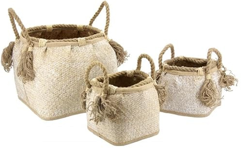 AUBRY GASPARD - Corbeilles Jonc Blanchi Anses Corde - Lot de 3-1 Grande, 2 Petites - Rangement, Décoration, Cache-Pot - Élégance Naturelle pour Intérieur