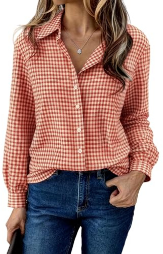 Aottori Donna Camicia Quadri Cotone con Bottoni Camicie Elegante Scollo a V Oversize Maniche Lunghe Maglietta Casual per Oktoberfest Blusa Rosso S