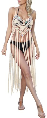 Générique Jupe De Plage Élégante en Crochet Main avec Finitions À Franges Longues pour Couvrir Votre Maillot De Bain Idéale Vacances Été Plage Piscine (Beige, One Size)